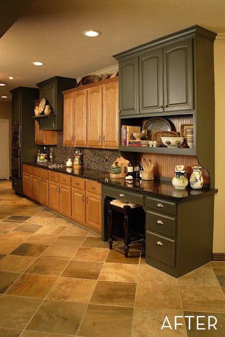 Cabinets and counters line the wall in a room with neutral colored flooring.