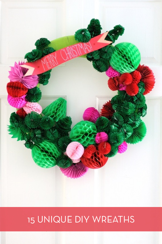 A green and red holiday wreath with ribbon.