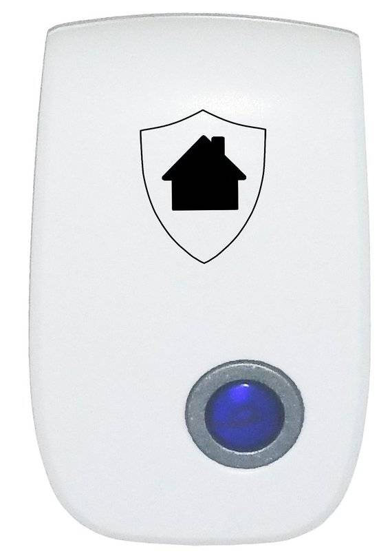 A white computer mouse shaped gizmo with a blue button and a picture of a house in a shield.