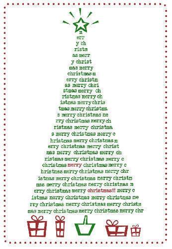 A green Christmas tree mad of words with four red presents under it and a star on top.