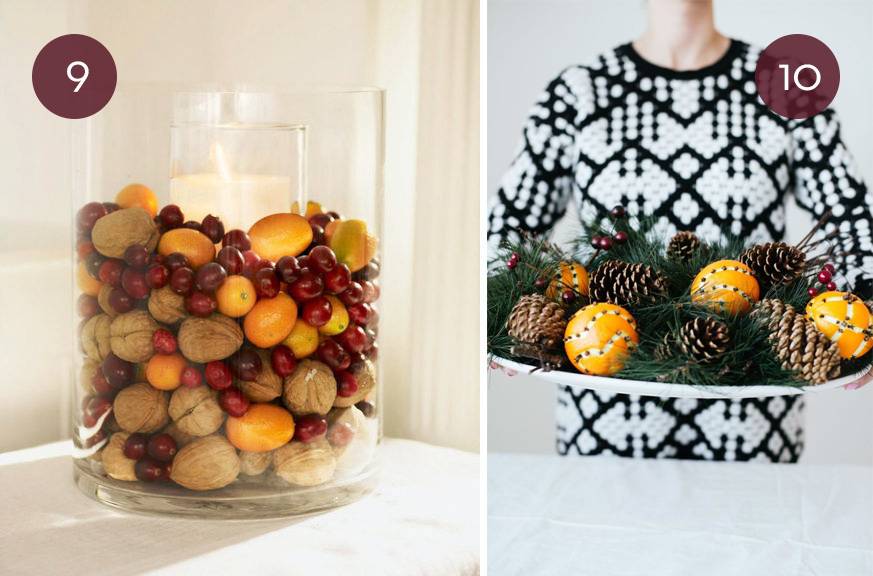 Two decorations, a candle and a plate, hold fruits and nuts for holiday decor.