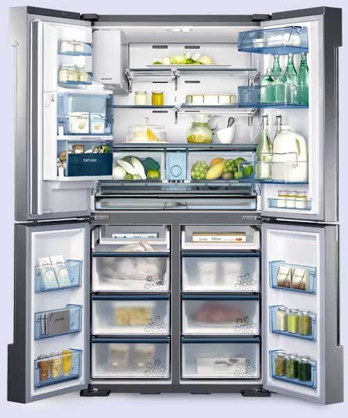 Fully stocked four door refrigerator.