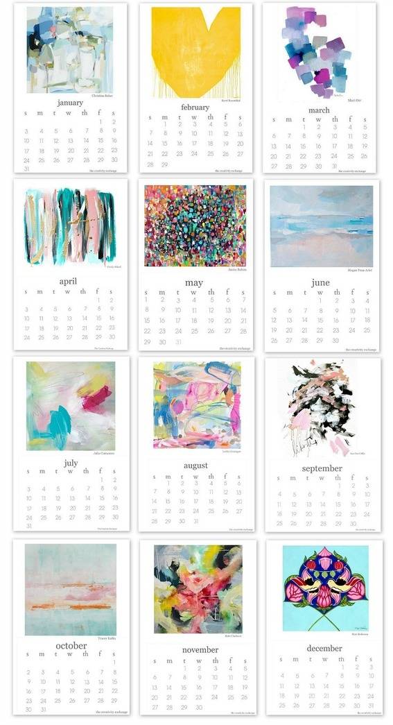 Planning calendars with various artistic images for each month.