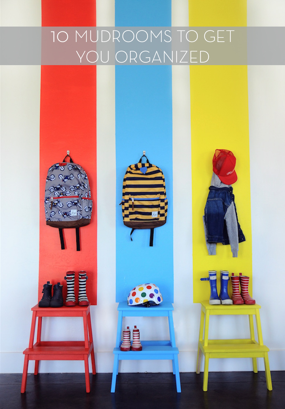 Mudroom ideas include using step stools for storage.