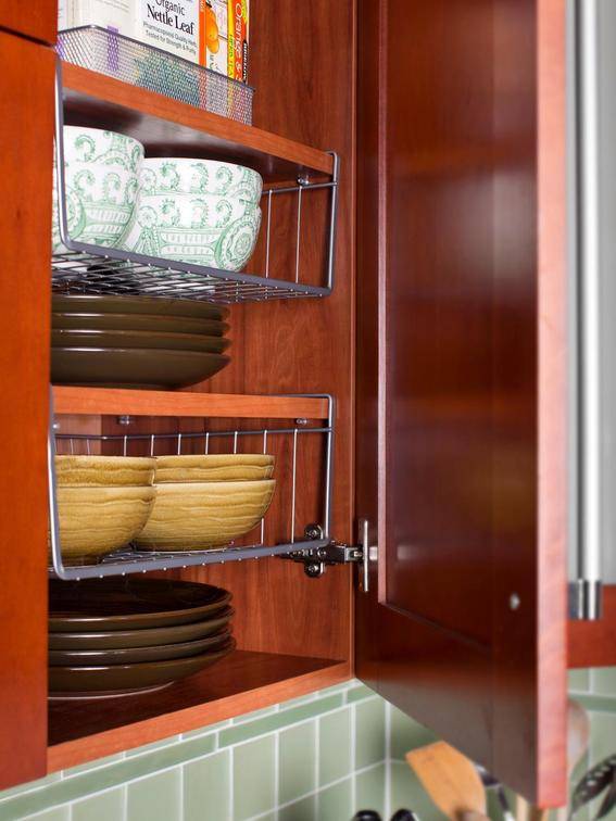 kitchen storage items arranged neatly in the rack