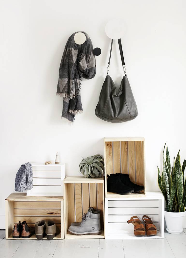 multiple cabinet shoe rack with potted plant aside and bag and shawl hangings are on the wall.