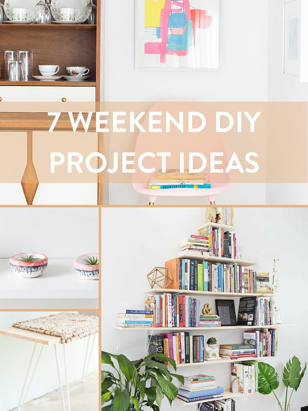 A brown shelf with cups and saucers, a piece of pink, blue and yellow art on a wall, two colored bowls on a counter and an open shelf full of books.
