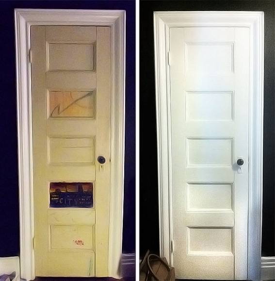 Two pictures show a dirty, damaged door next to a clean, white door.