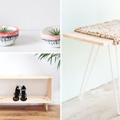 a beautiful diy wooden bench and a plant in a pot and there is a slipper in the stand