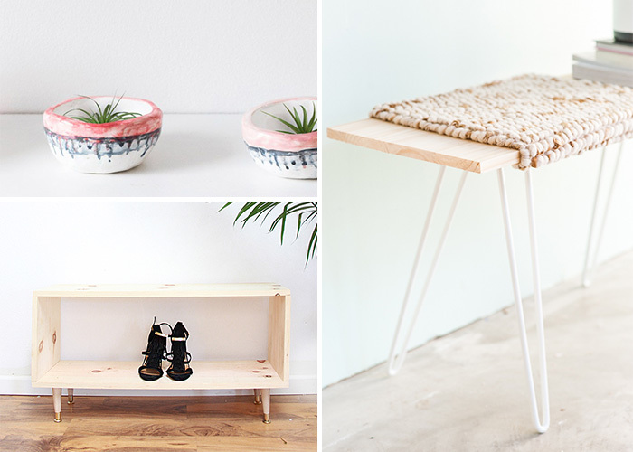 a beautiful diy wooden bench and a plant in a pot and there is a slipper in the stand