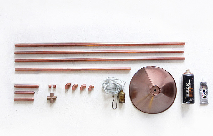 Items required for making copper floor lamp.