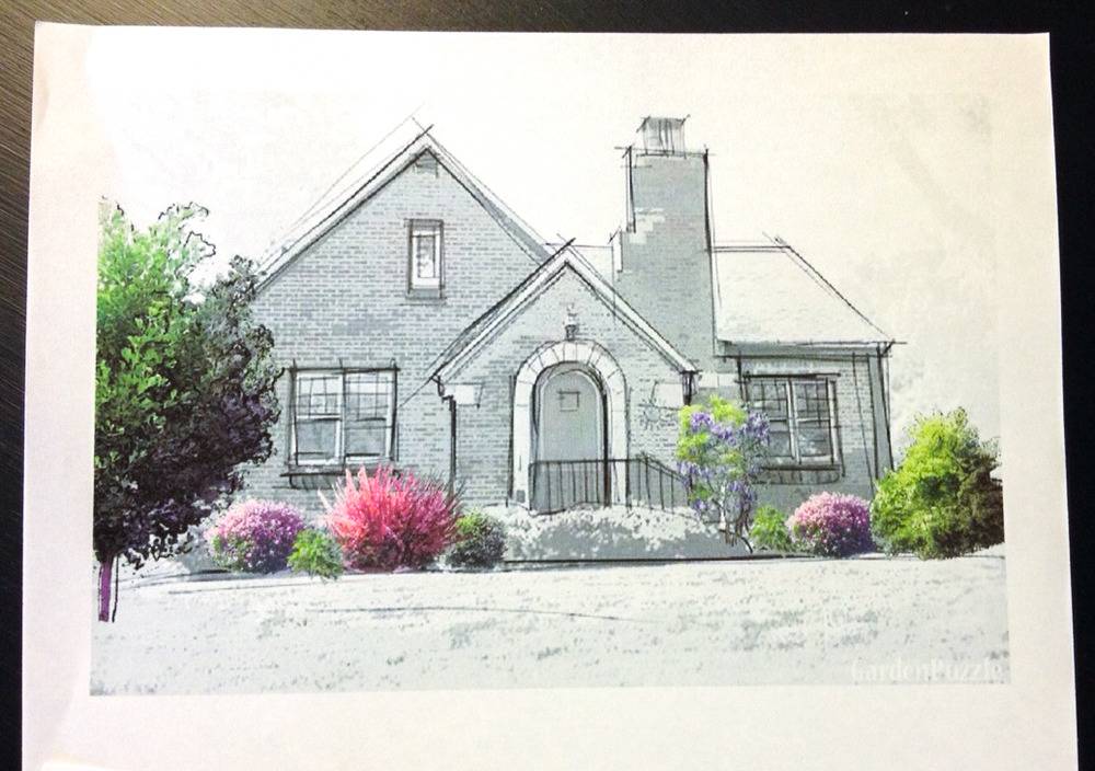 A drawing of a house with vibrant bushes.