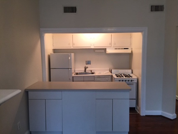 Before kitchen cabinet refacing with vinyl flooring