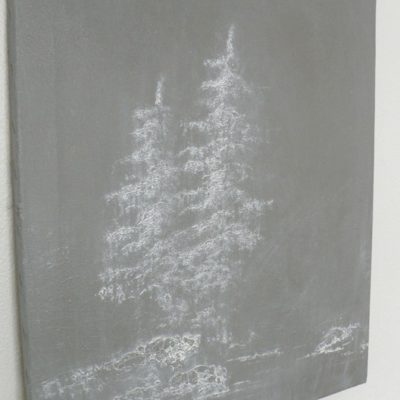 A black and white painting of two evergreen trees.