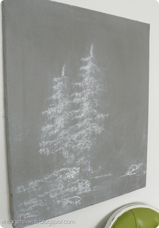 A black and white painting of two evergreen trees.