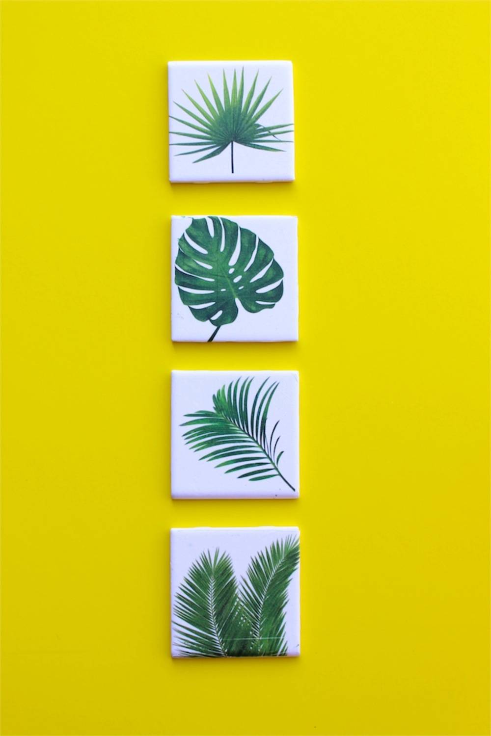 tropical leaf coasters on a yellow background