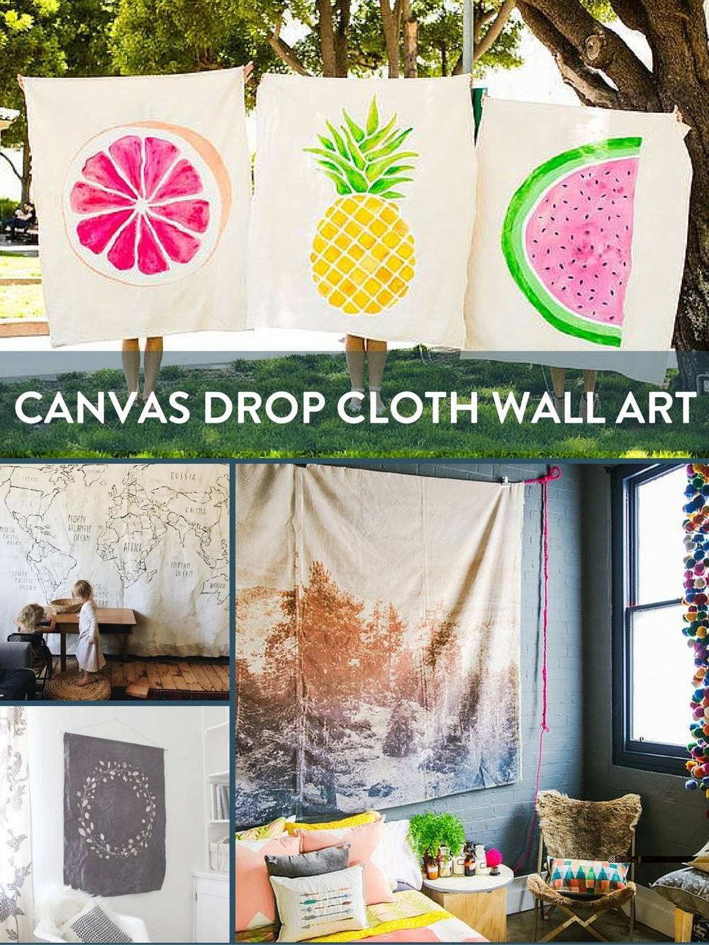 Canvas drop cloths with pictures drawn on them.