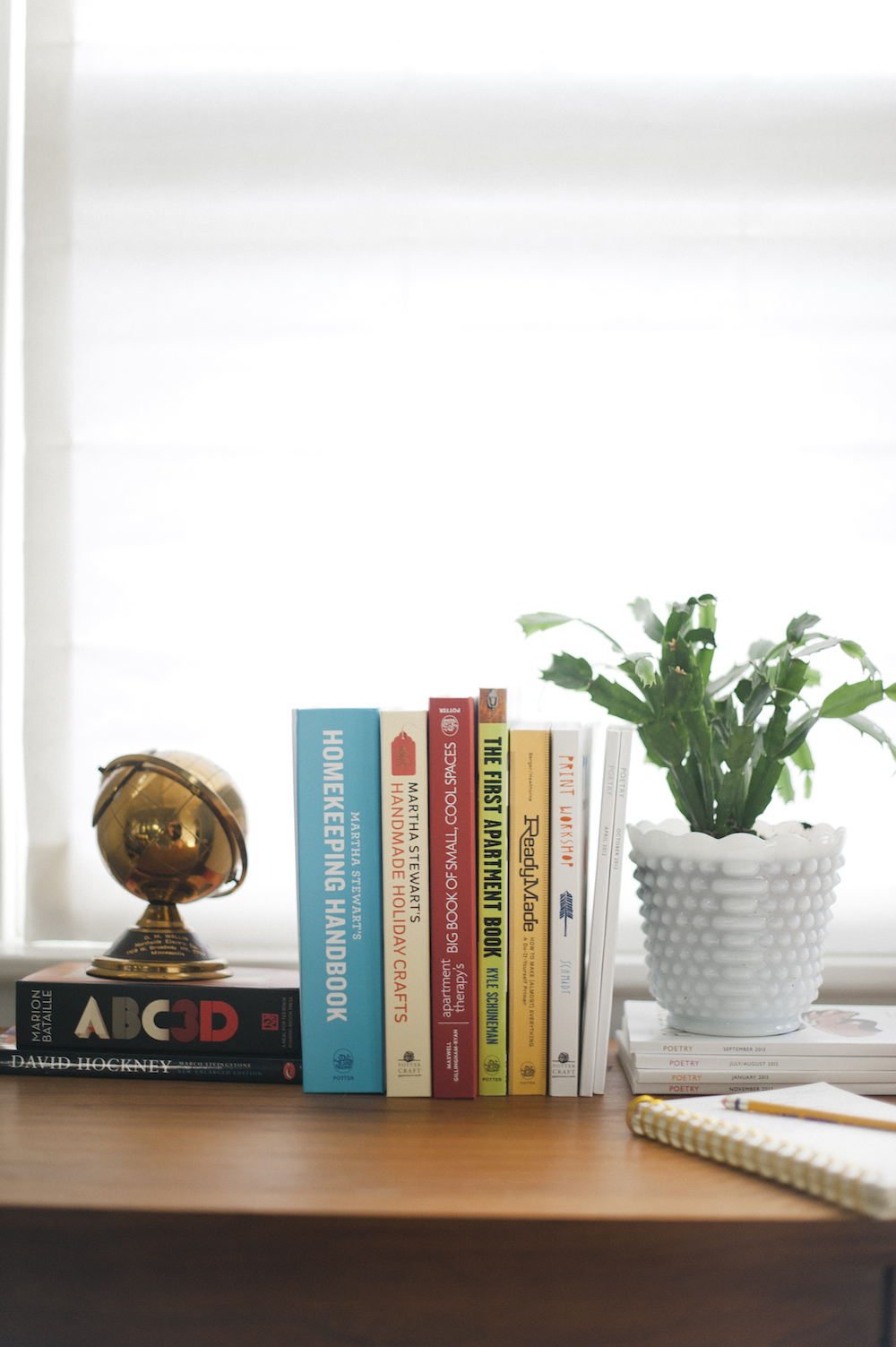 A globe and plant are being used as bookends near a window.