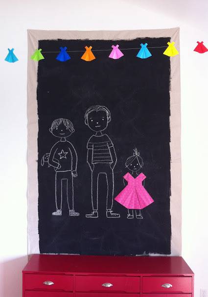 A black board has a chalk drawing of three people.