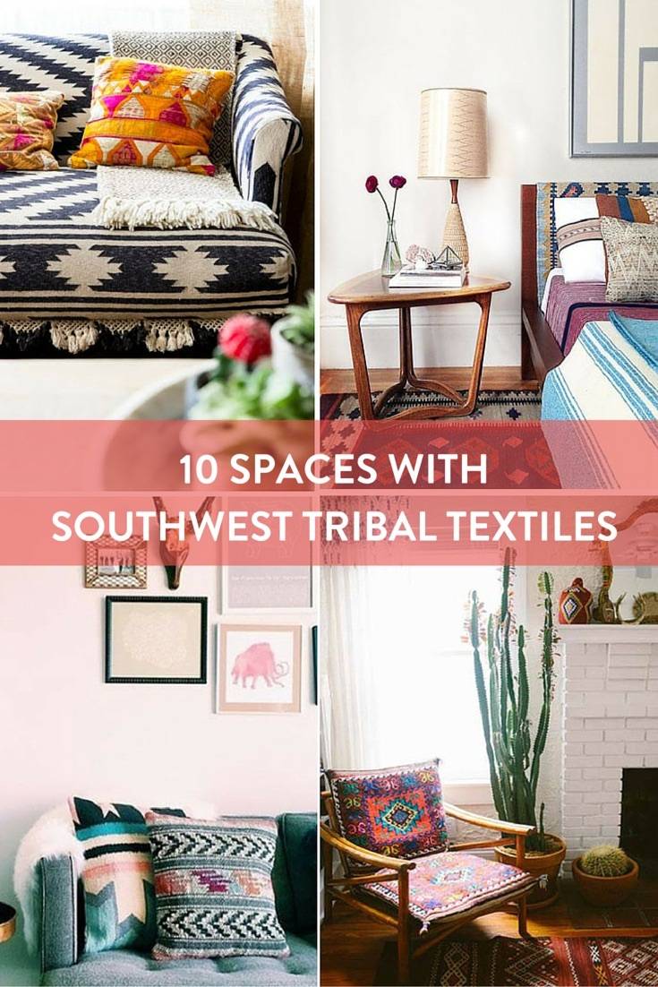 Throw pillows, armchair, a sofa, and a bedspread all use Southwest tribal prints