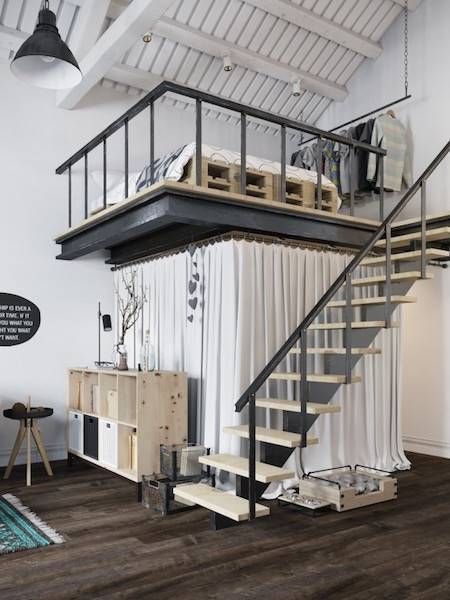 black and white lofted bed space