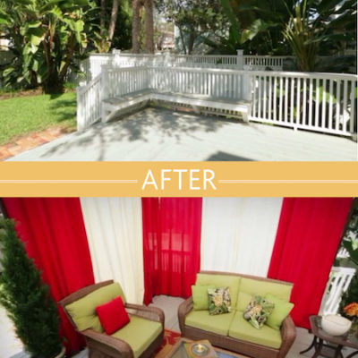 Before and after outdoor patio using free-standing curtains