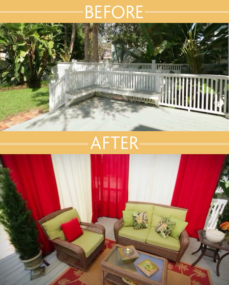 Before and after outdoor patio using free-standing curtains