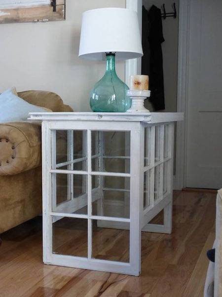 old windows converted into side table