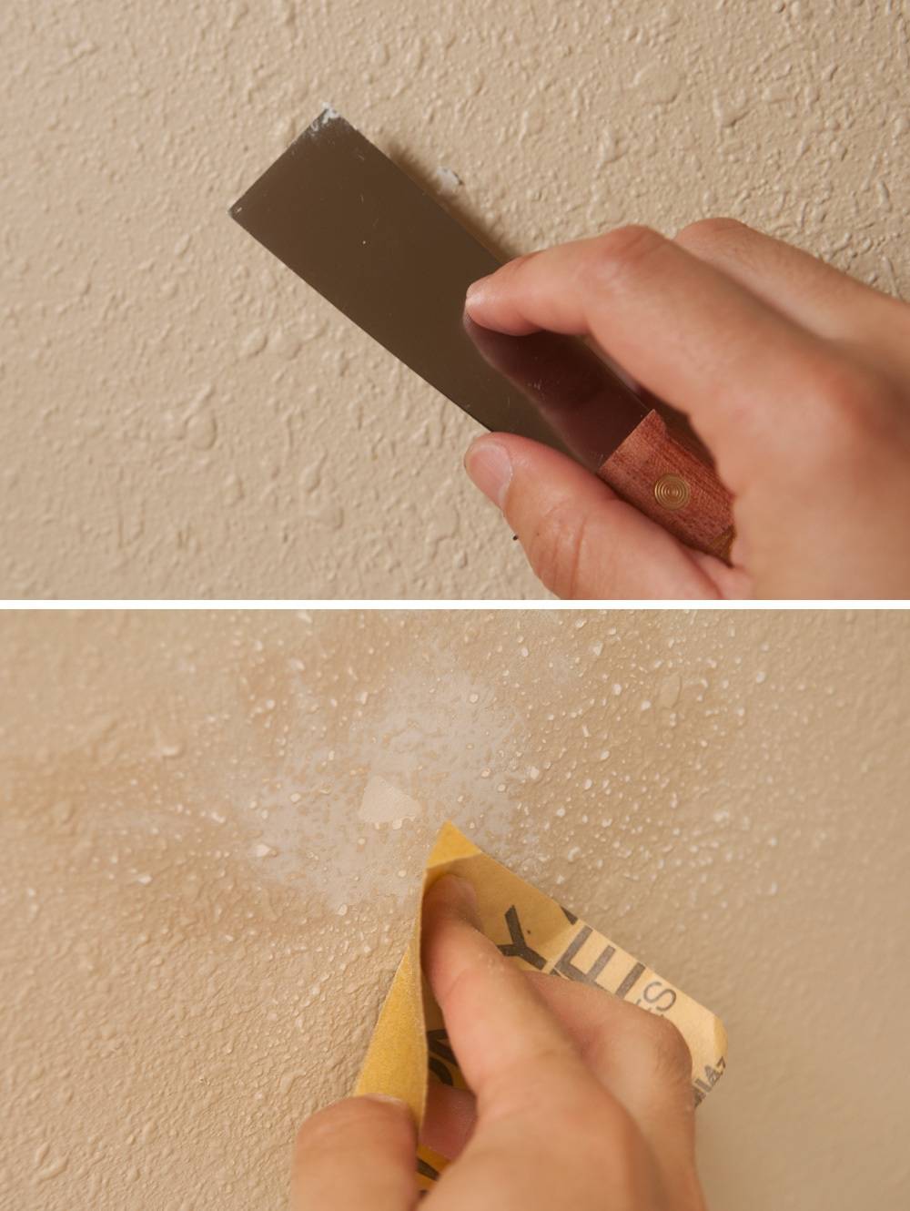 A person is using tools to rub something on a wall.