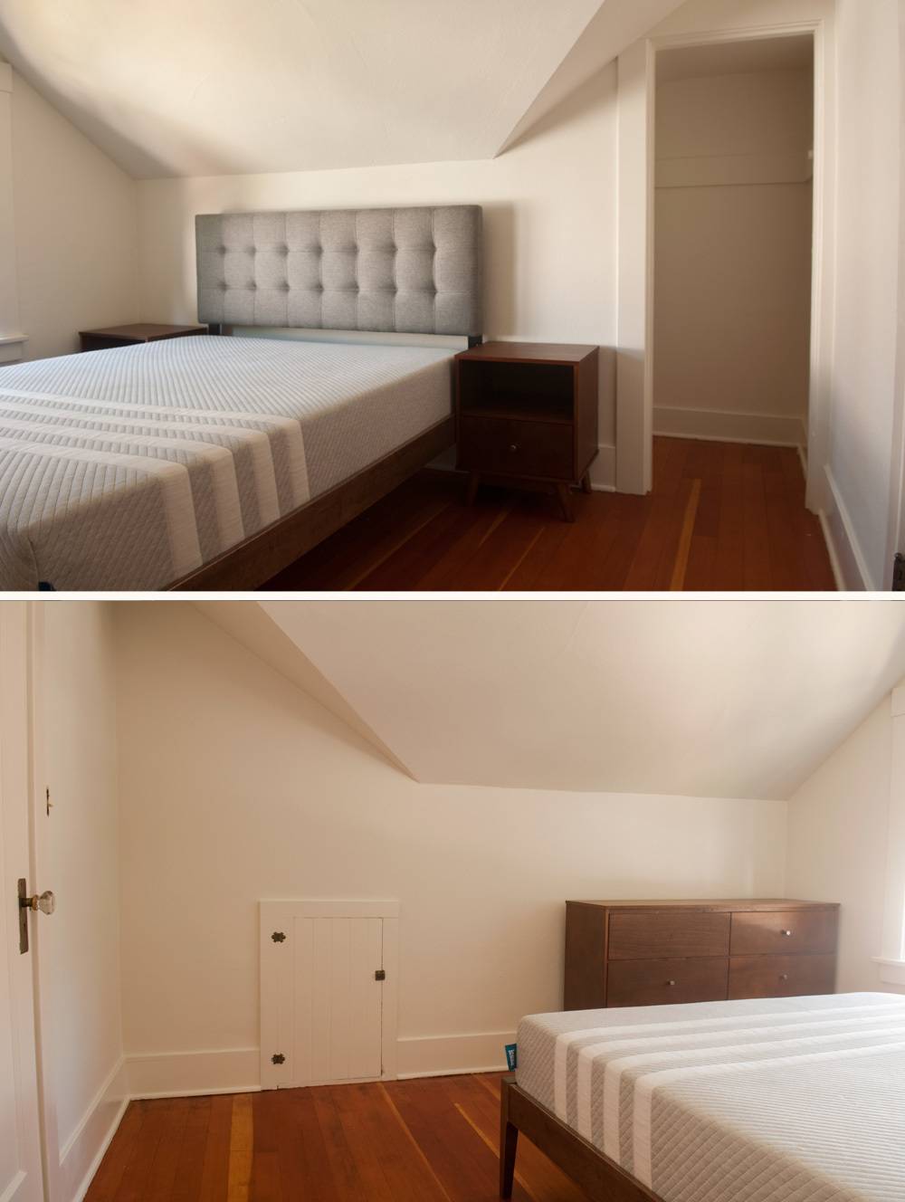 A bedroom has white walls and a twin size bed with wood flooring.