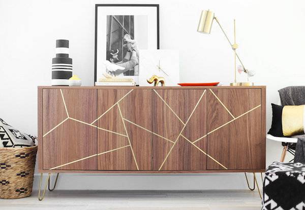 DIY brass geometric inlay IKEA sideboard makeover