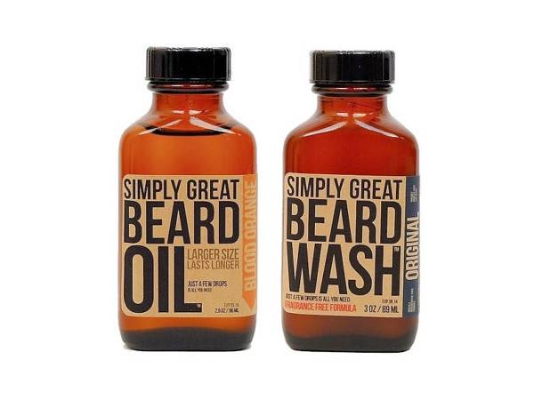 Two bottles of beard products sit side by side.