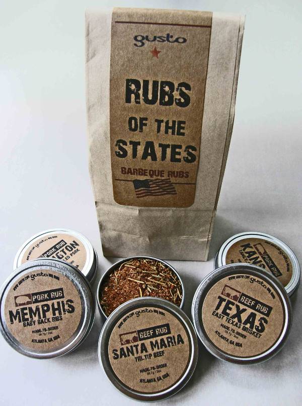 Different rubs are displayed in cannisters.