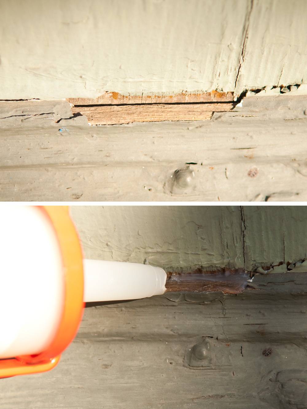 Small glue gun patching up a cracked section of a porch which is in seriously bad shape.