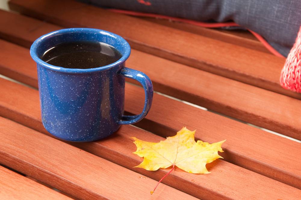 Coffee in a blue mug near a leaf.