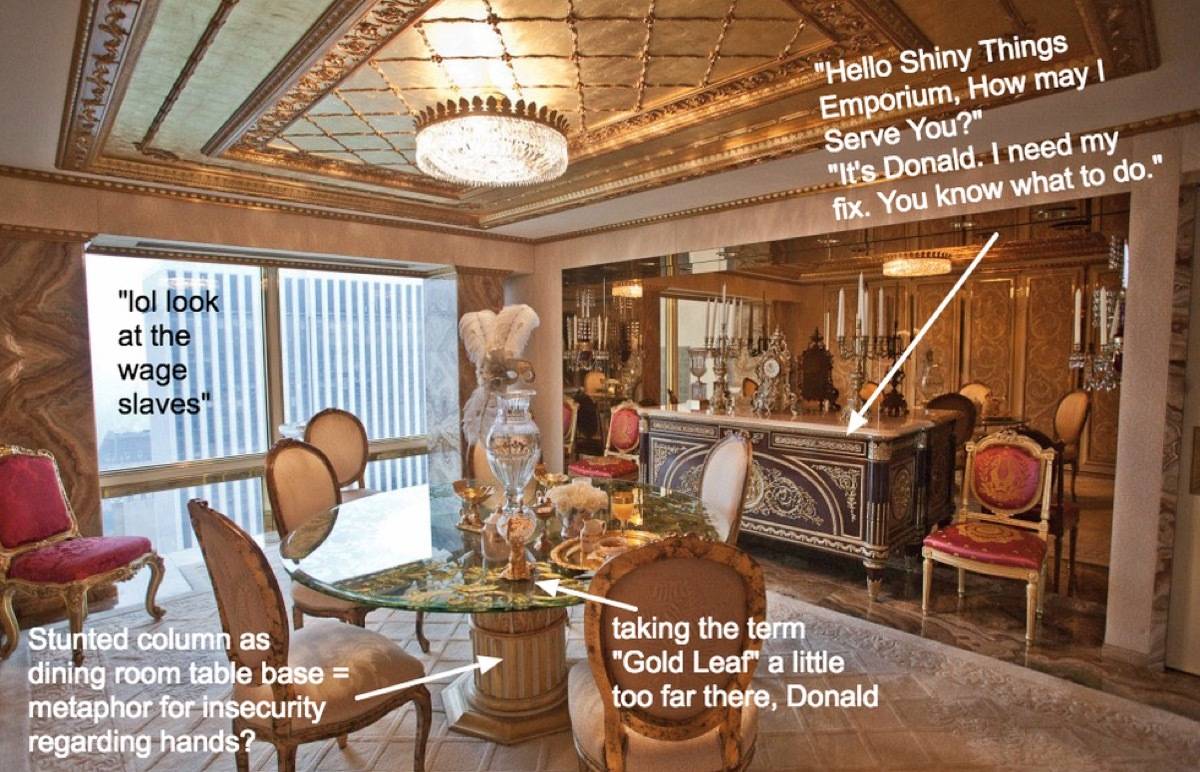 A dining room with glass table and round backed chairs under a golden roof.