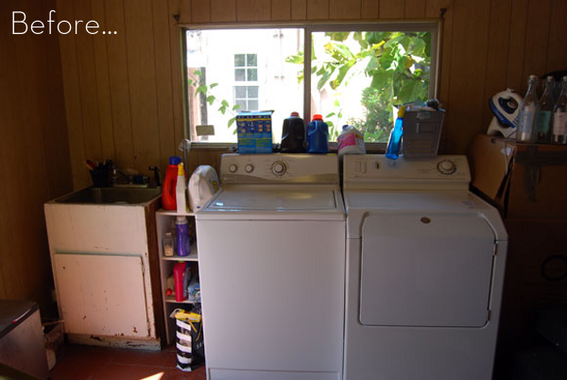 Cluttered and dirty laundry room on porch