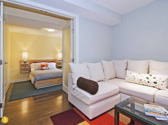 Guests can get crazy during movie night then crash in this colorful guestroom