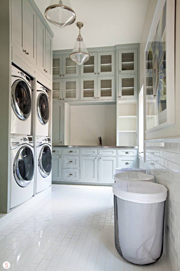 double stacked washer and dyer in laundry room 