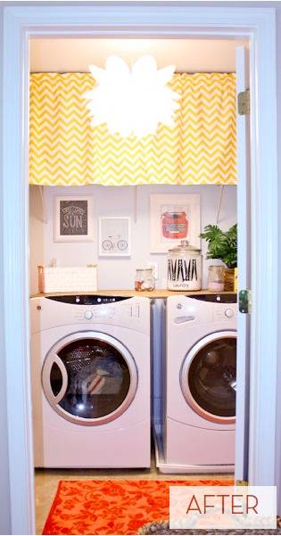 A laundry room has an orange rug and a yellow curtain.