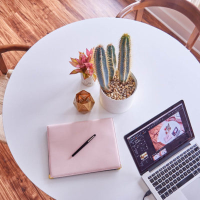 An open laptop and a cactus sit on top of a dining room table.