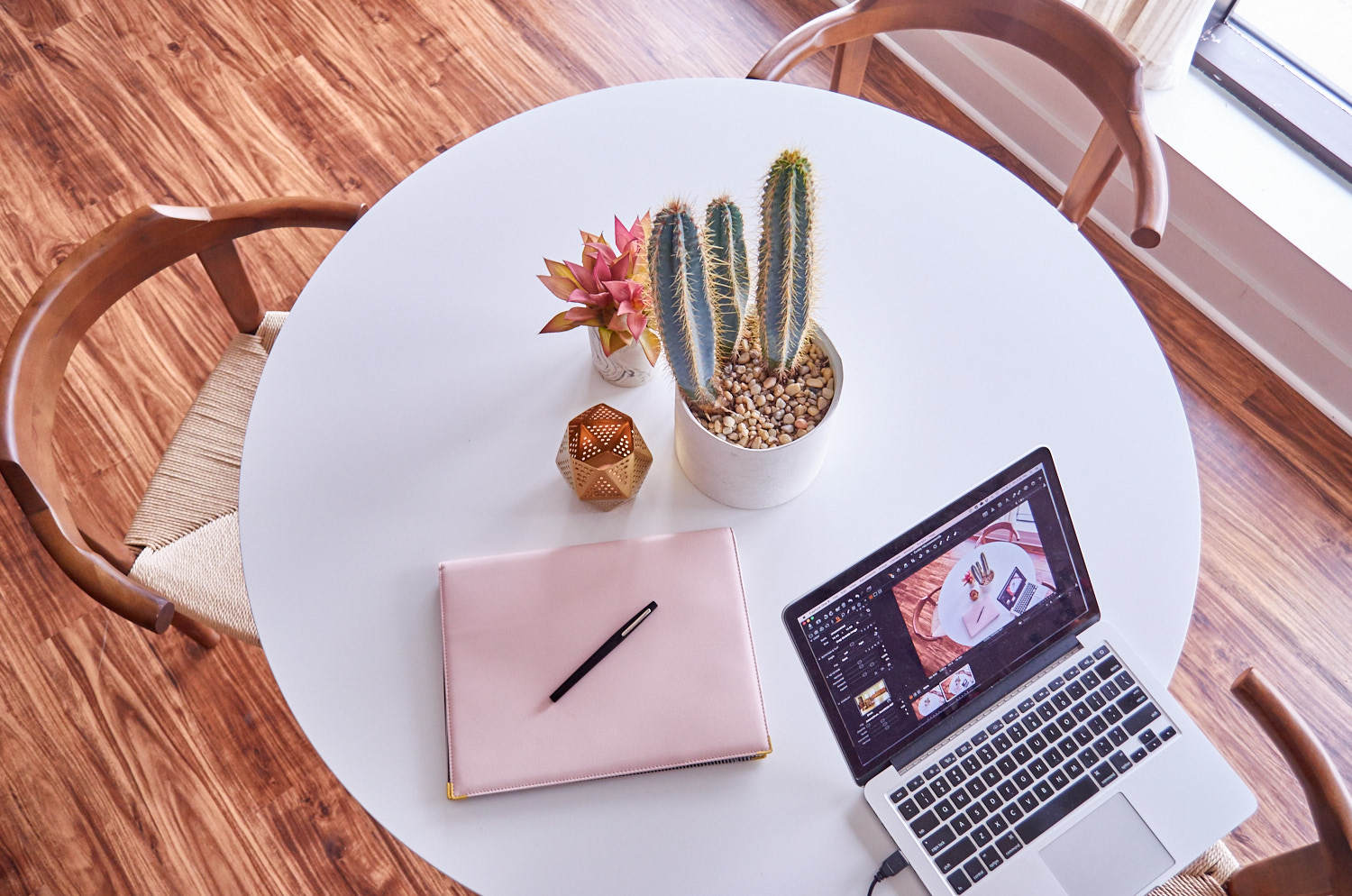 An open laptop and a cactus sit on top of a dining room table.