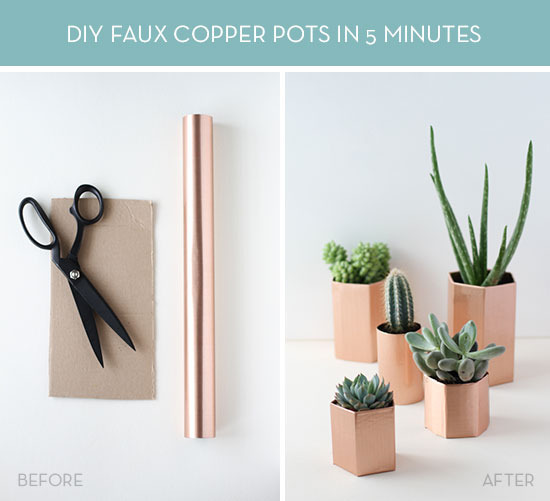 Faux copper planters holding succulents, and a pair of scissors.