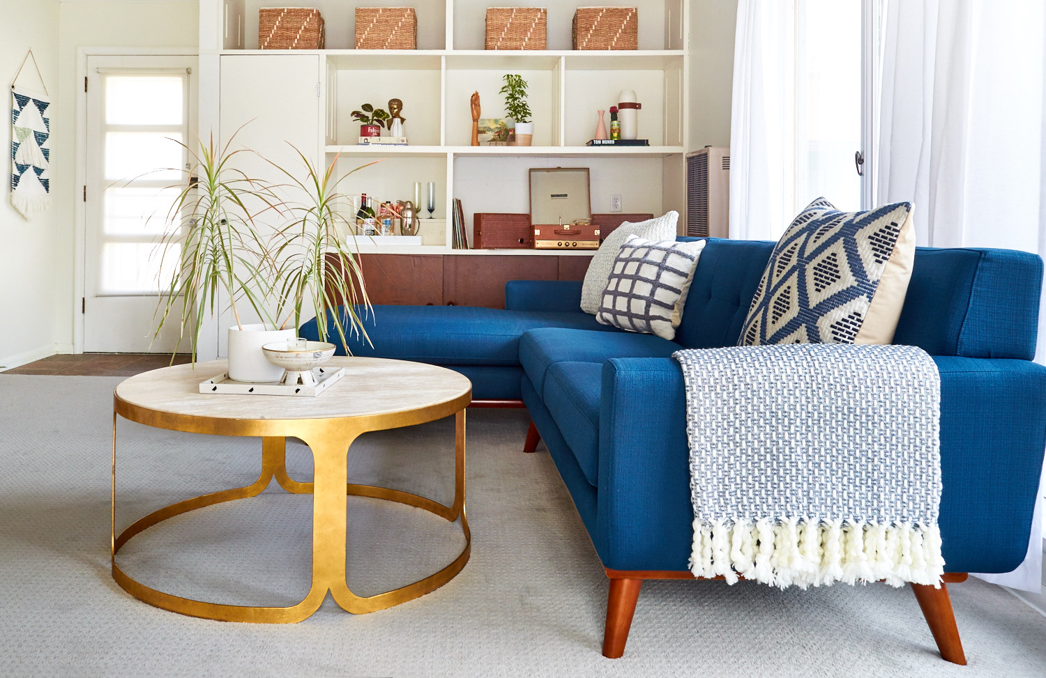Curbly living room reveal. Shaw LifeHappens carpet.