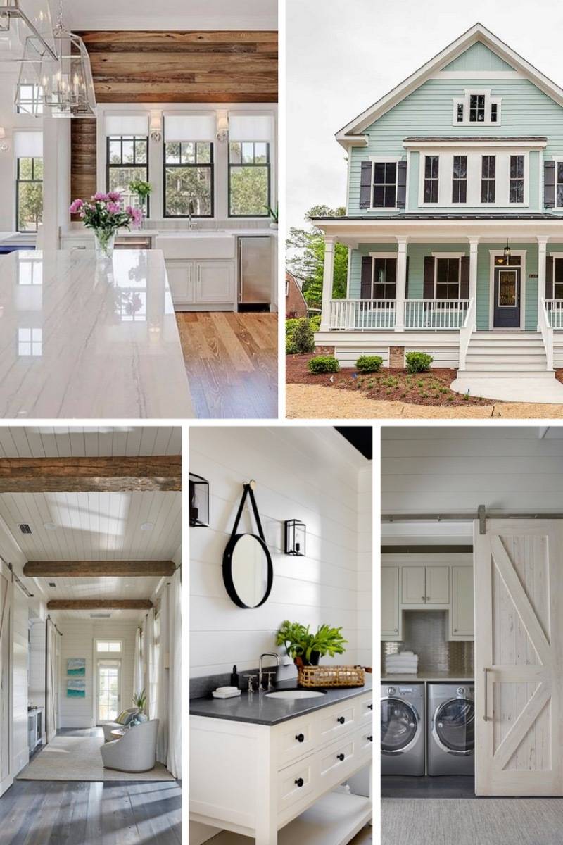A pretty turquoise green Victorian house has modern laundry room behind farm house doors, a modern kitchen, and bright white interiors throughout.