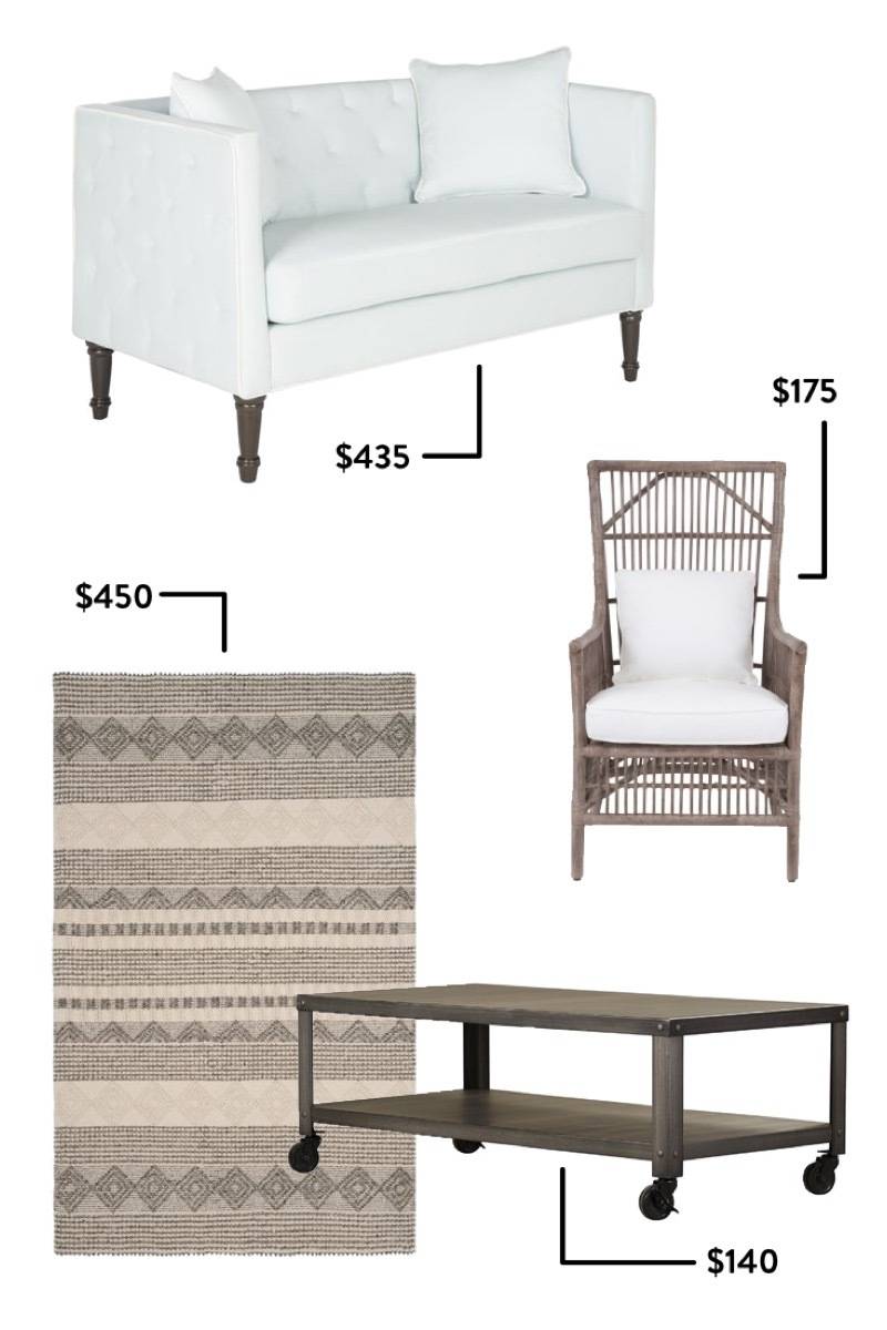 Furniture items like sofa, chair, table and rug with their respective prices.