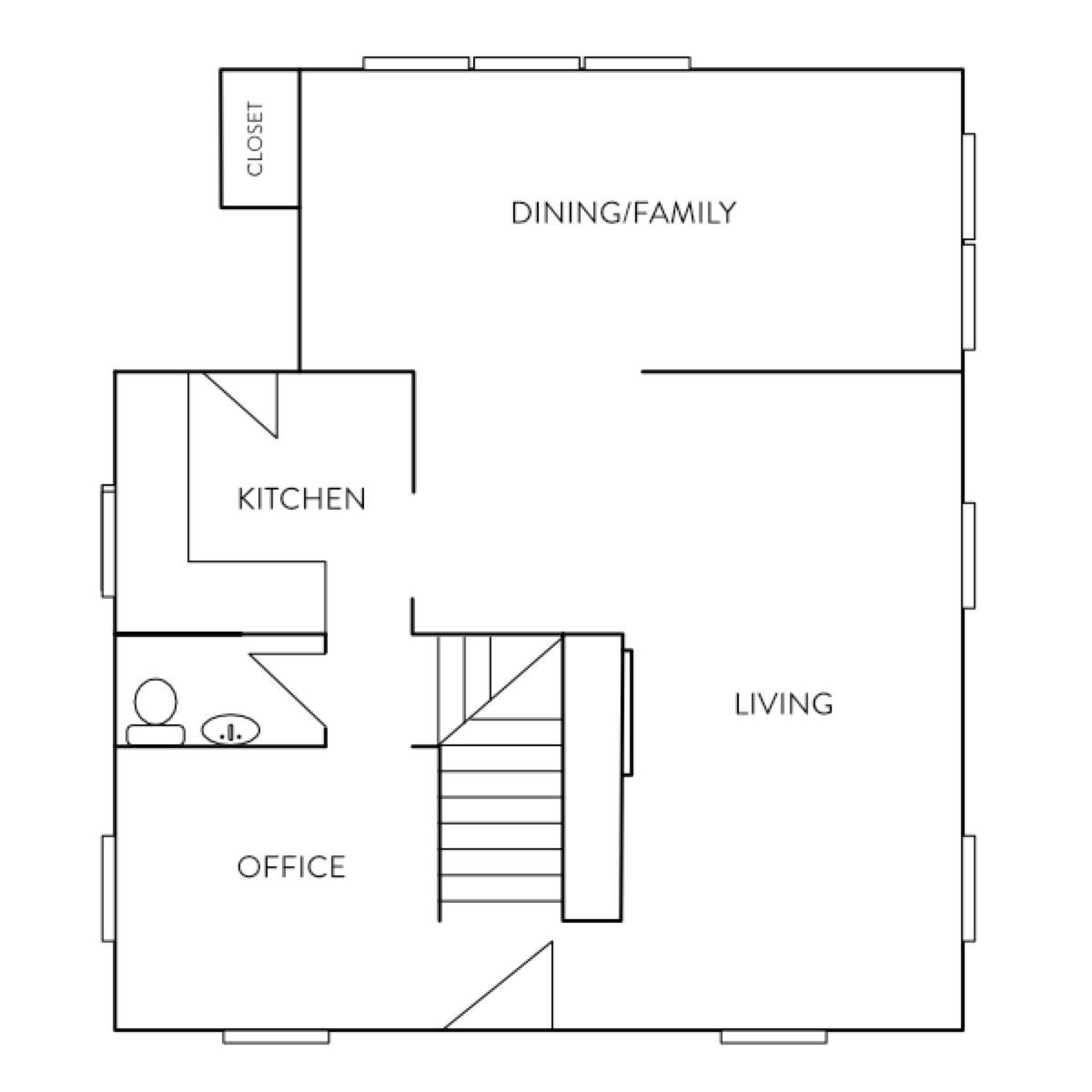 Floor plan with living, kitchen, office, dining etc.
