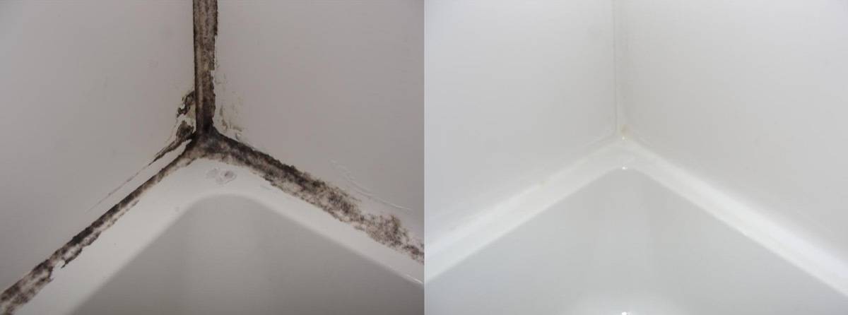 The corner of a bathtube before and after cleaning.