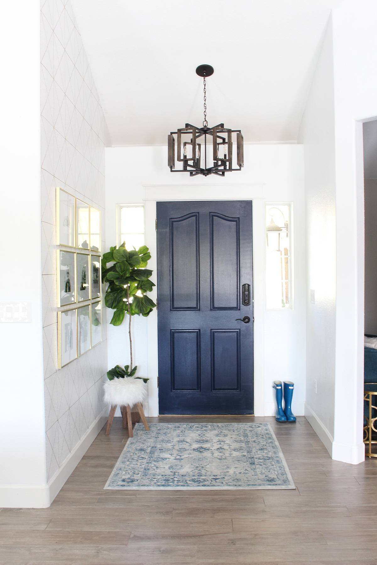 A black door with a plant on the side of it with a wooden floor.