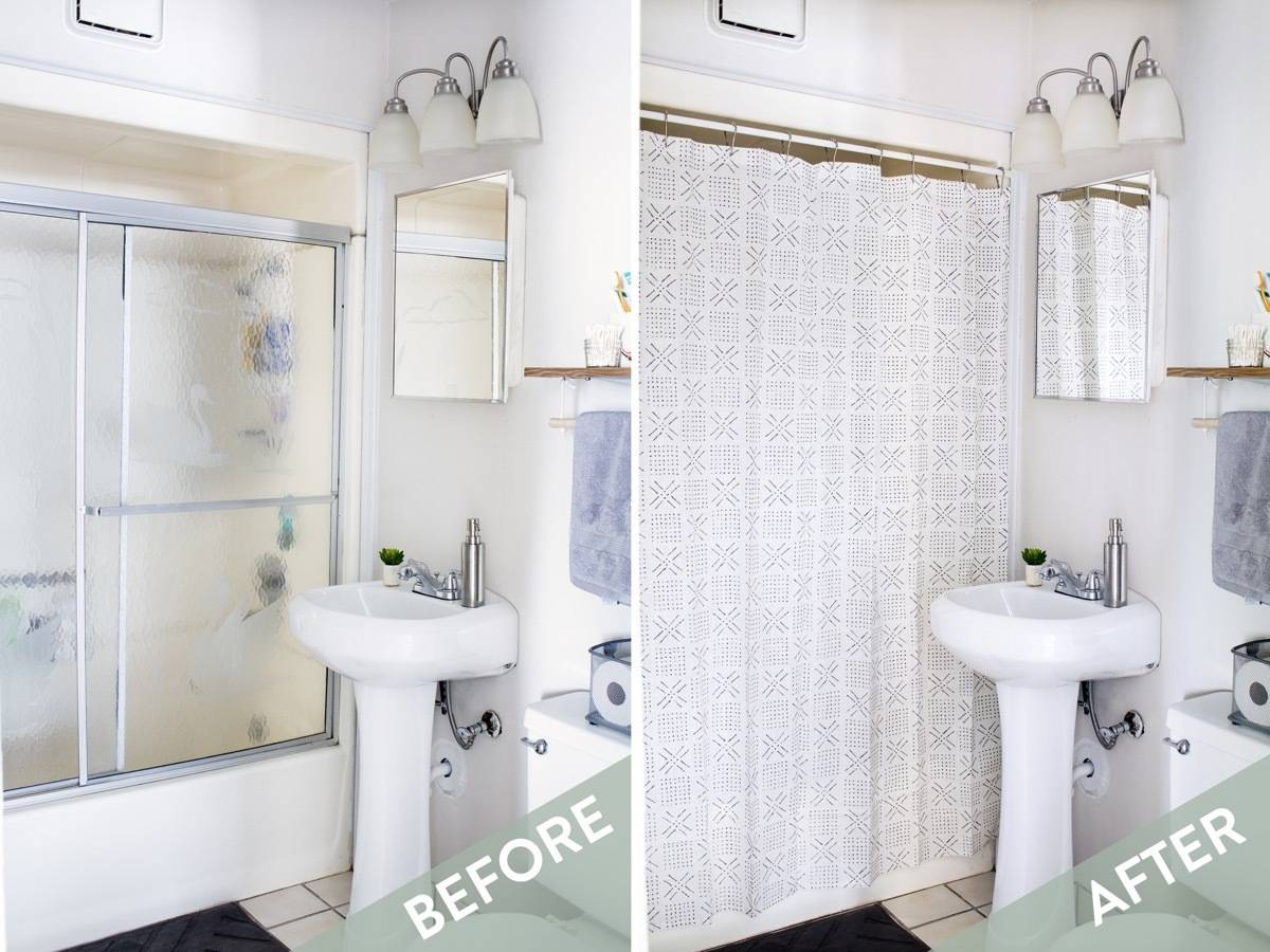 Apartment bathroom problem: Ugly shower doors? Hide them with a shower curtain and tension rod.